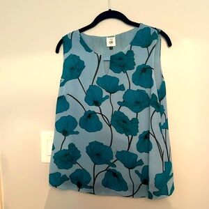 CABI WOMENS BLOUSE AQUA WITH EMERALD GREEN FLOWERS S